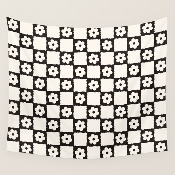 Retro Flower Checker in Black&White Wall Tapestry Gallery Image 4