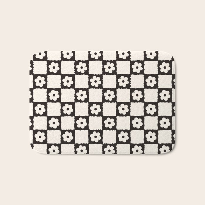 Retro Flower Checker in Black&White Bath Mat Gallery Image 1