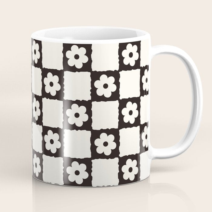 Retro Flower Checker in Black&White Coffee Mug Gallery Image 1