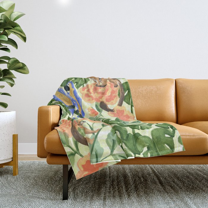 Monkeys and Parrots Throw Blanket Gallery Image 1