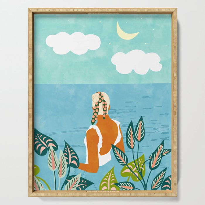 The Pursuit Of Happiness, Woman Ocean Travel Swim Illustration, Bohemian Fashion Tropical Serving Tray Gallery Image 1
