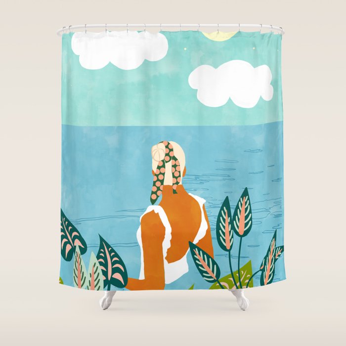 The Pursuit Of Happiness, Woman Ocean Travel Swim Illustration, Bohemian Fashion Tropical Shower Curtain Gallery Image 1