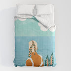 The Pursuit Of Happiness, Woman Ocean Travel Swim Illustration, Bohemian Fashion Tropical Comforter Gallery Image 6
