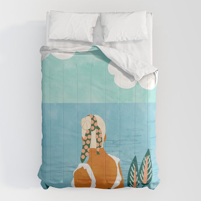 The Pursuit Of Happiness, Woman Ocean Travel Swim Illustration, Bohemian Fashion Tropical Comforter Gallery Image 6