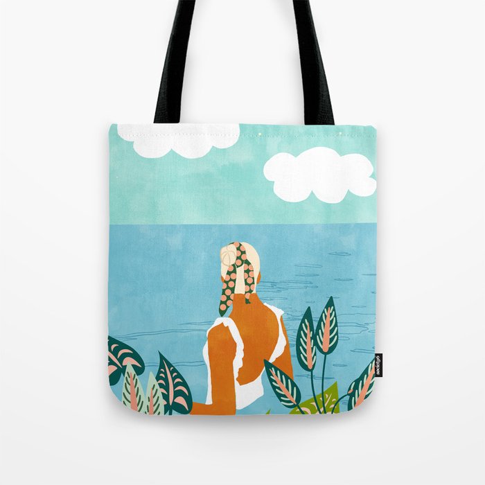 The Pursuit Of Happiness, Woman Ocean Travel Swim Illustration, Bohemian Fashion Tropical Tote Bag Gallery Image 1