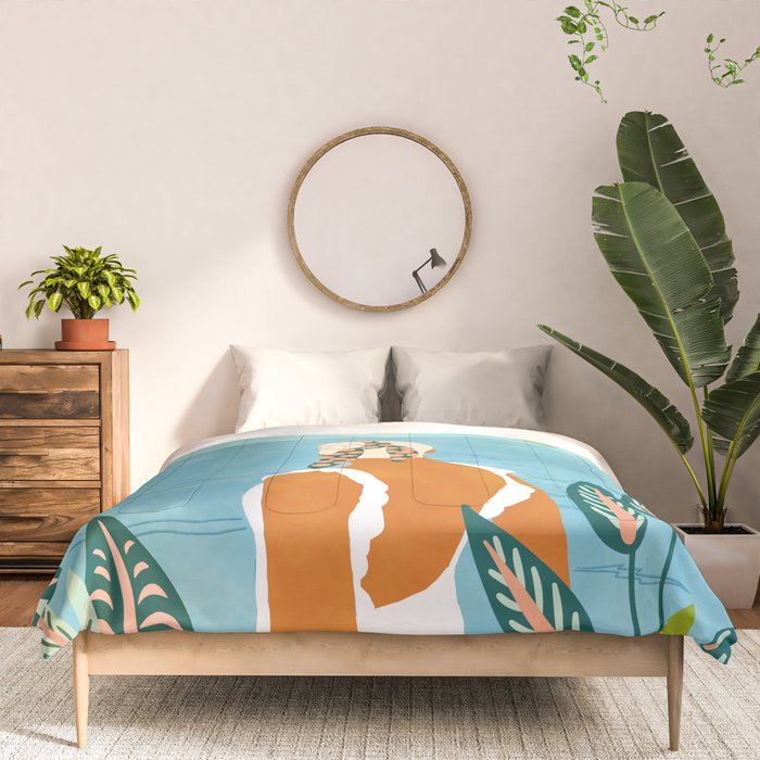 The Pursuit Of Happiness, Woman Ocean Travel Swim Illustration, Bohemian Fashion Tropical Comforter Gallery Image 3