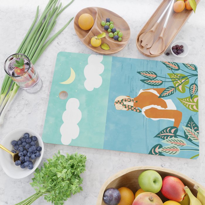 The Pursuit Of Happiness, Woman Ocean Travel Swim Illustration, Bohemian Fashion Tropical Cutting Board Gallery Image 2
