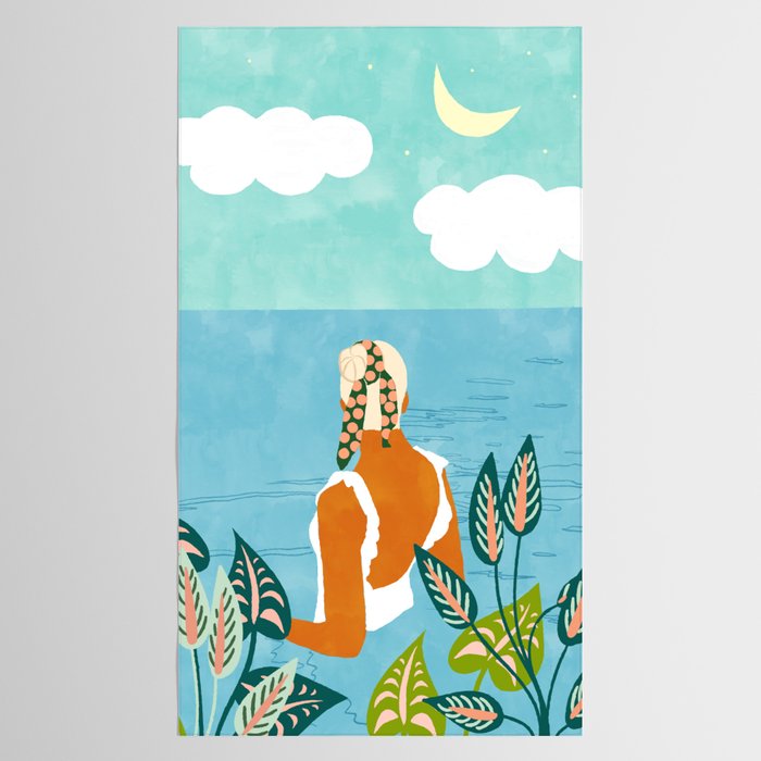 The Pursuit Of Happiness, Woman Ocean Travel Swim Illustration, Bohemian Fashion Tropical Tablecloth Gallery Image 2