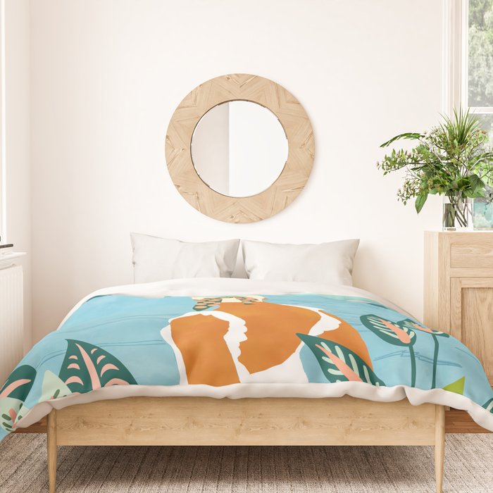 The Pursuit Of Happiness, Woman Ocean Travel Swim Illustration, Bohemian Fashion Tropical Duvet Cover Gallery Image 3