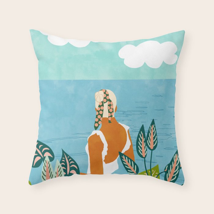 The Pursuit Of Happiness, Woman Ocean Travel Swim Illustration, Bohemian Fashion Tropical Throw Pillow Gallery Image 6