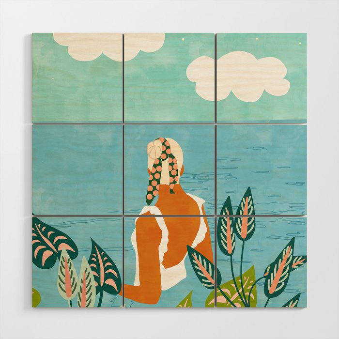 The Pursuit Of Happiness, Woman Ocean Travel Swim Illustration, Bohemian Fashion Tropical Wood Wall Art Gallery Image 1