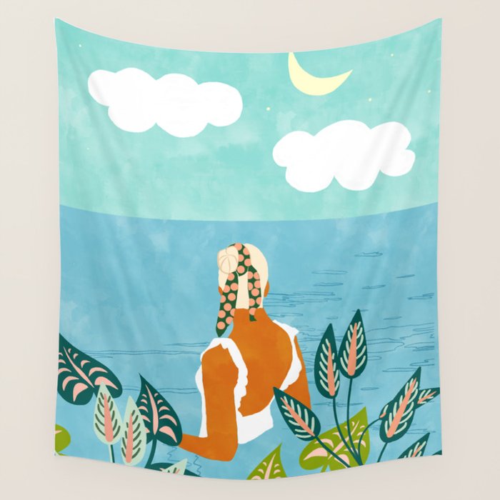 The Pursuit Of Happiness, Woman Ocean Travel Swim Illustration, Bohemian Fashion Tropical Wall Tapestry Gallery Image 4