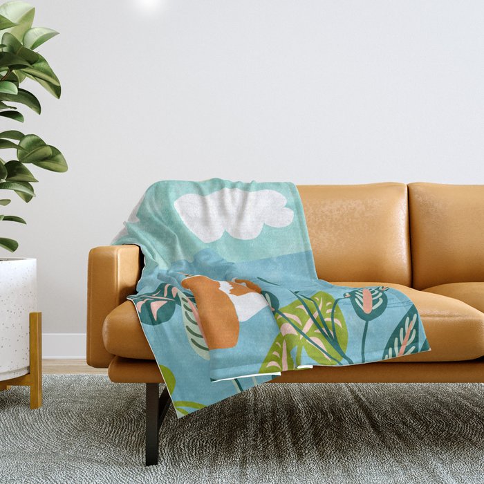 The Pursuit Of Happiness, Woman Ocean Travel Swim Illustration, Bohemian Fashion Tropical Throw Blanket Gallery Image 1