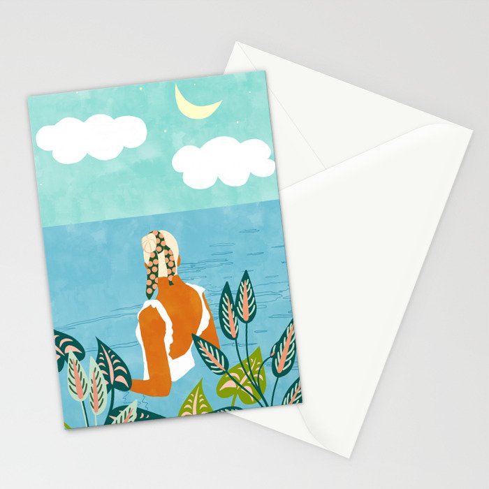 The Pursuit Of Happiness, Woman Ocean Travel Swim Illustration, Bohemian Fashion Tropical Stationery Card Gallery Image 2