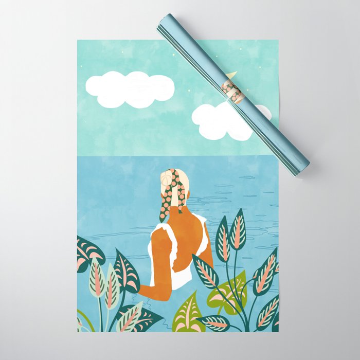 The Pursuit Of Happiness, Woman Ocean Travel Swim Illustration, Bohemian Fashion Tropical Wrapping Paper Gallery Image 1