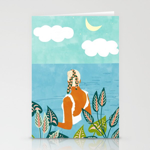 The Pursuit Of Happiness, Woman Ocean Travel Swim Illustration, Bohemian Fashion Tropical Stationery Card Gallery Image 2