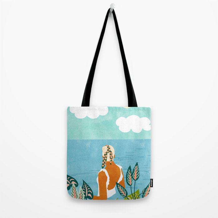 The Pursuit Of Happiness, Woman Ocean Travel Swim Illustration, Bohemian Fashion Tropical Tote Bag Gallery Image 2