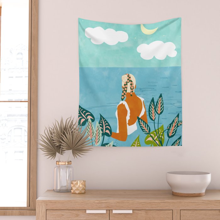 The Pursuit Of Happiness, Woman Ocean Travel Swim Illustration, Bohemian Fashion Tropical Wall Tapestry Gallery Image 2
