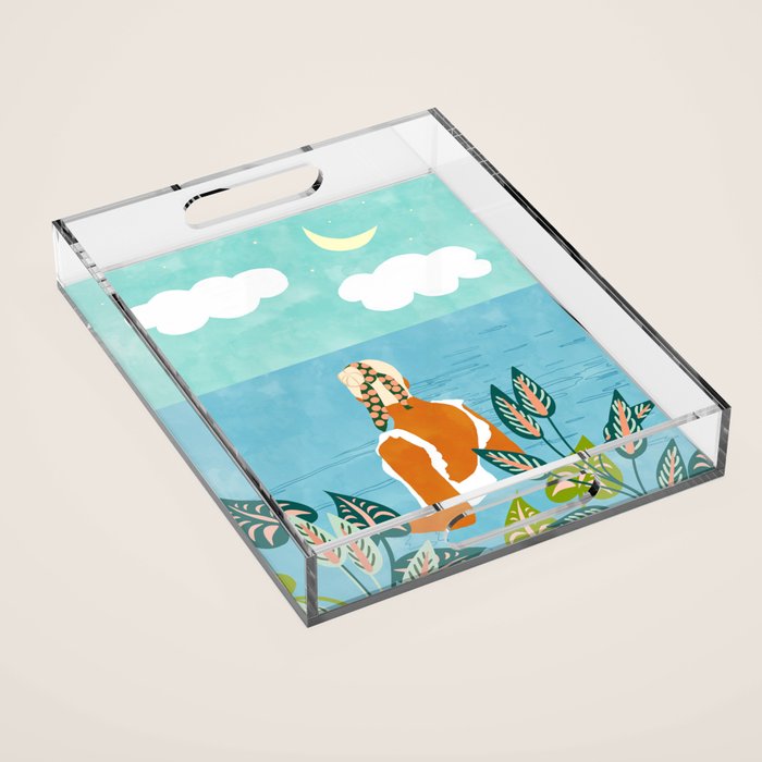 The Pursuit Of Happiness, Woman Ocean Travel Swim Illustration, Bohemian Fashion Tropical Acrylic Tray Gallery Image 1