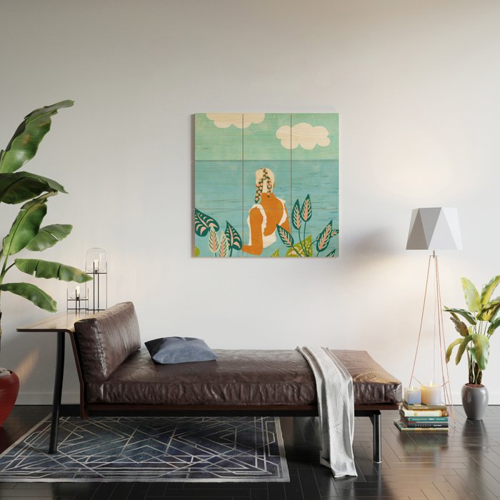 The Pursuit Of Happiness, Woman Ocean Travel Swim Illustration, Bohemian Fashion Tropical Wood Wall Art Gallery Image 2