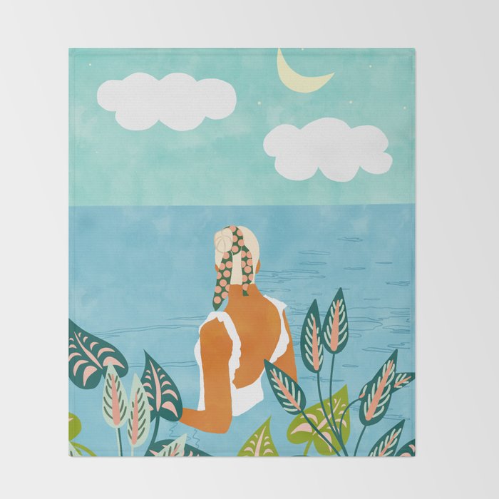 The Pursuit Of Happiness, Woman Ocean Travel Swim Illustration, Bohemian Fashion Tropical Throw Blanket Gallery Image 2