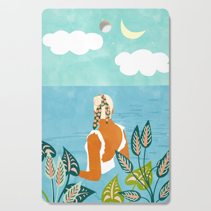 The Pursuit Of Happiness, Woman Ocean Travel Swim Illustration, Bohemian Fashion Tropical Cutting Board Gallery Image 1