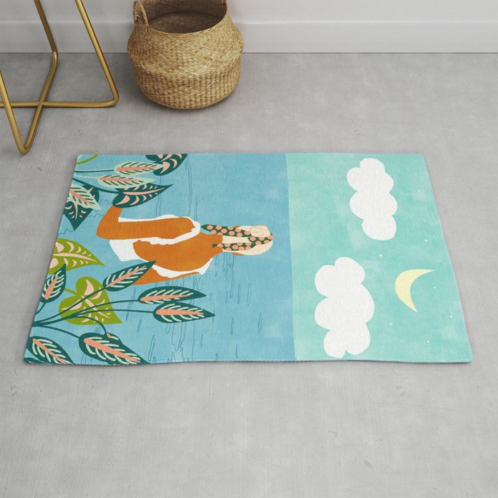 The Pursuit Of Happiness, Woman Ocean Travel Swim Illustration, Bohemian Fashion Tropical Rug Gallery Image 1