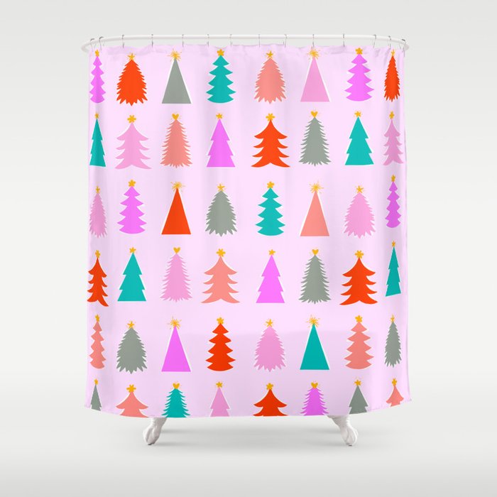 Christmas Tree Pattern on Pink Shower Curtain Gallery Image 1