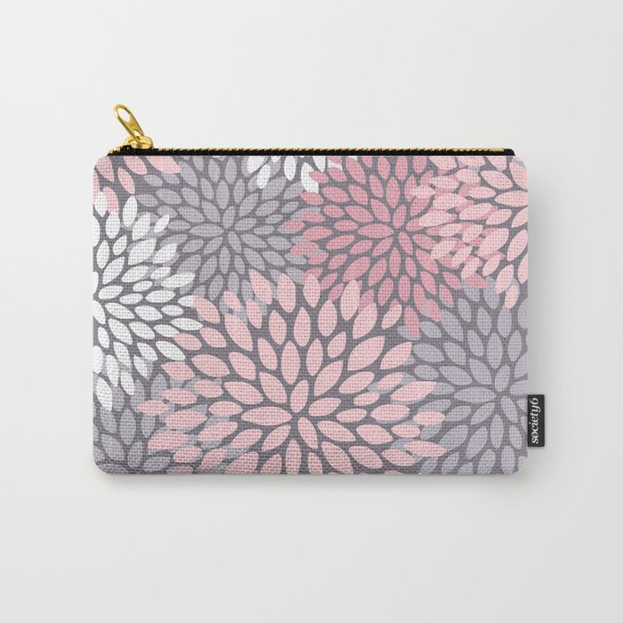Festive, Floral Prints, Pink, White on Gray Carry All Pouch Gallery Image 1