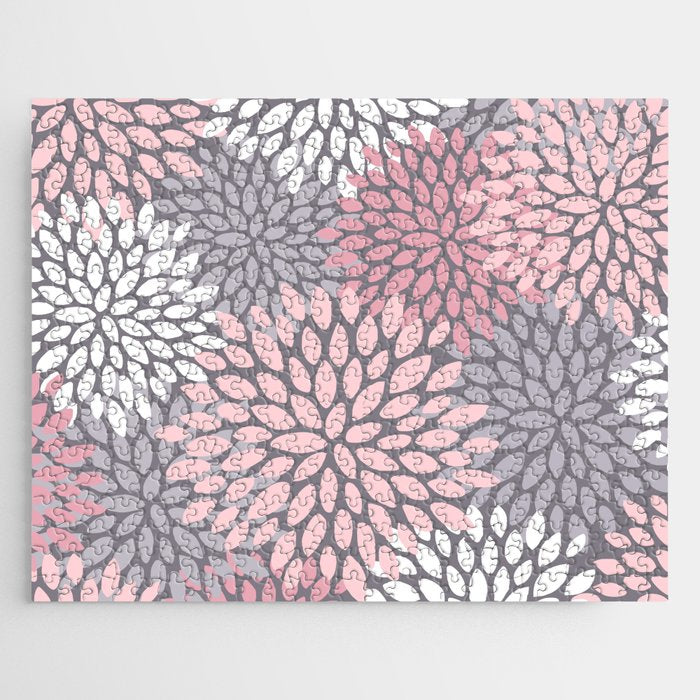 Festive, Floral Prints, Pink, White on Gray Jigsaw Puzzle Gallery Image 1