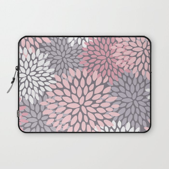 Festive, Floral Prints, Pink, White on Gray Laptop Sleeve Gallery Image 1