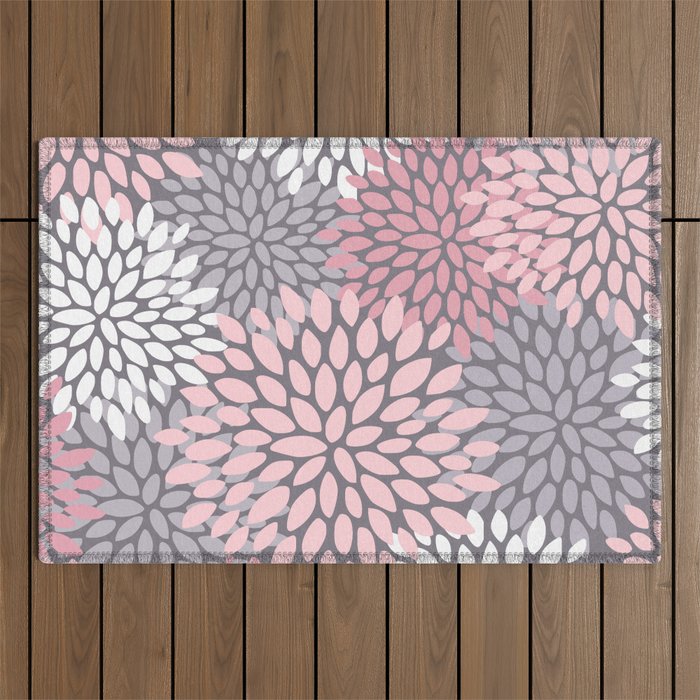 Festive, Floral Prints, Pink, White on Gray Outdoor Rug Gallery Image 1