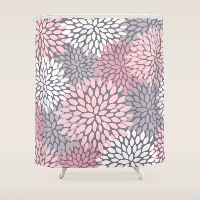 Festive, Floral Prints, Pink, White on Gray Shower Curtain Gallery Image 1
