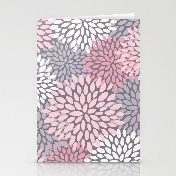 Festive, Floral Prints, Pink, White on Gray Stationery Card Gallery Image 2
