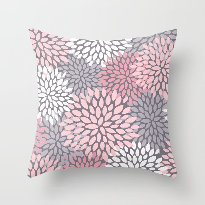 Festive, Floral Prints, Pink, White on Gray Throw Pillow Gallery Image 6