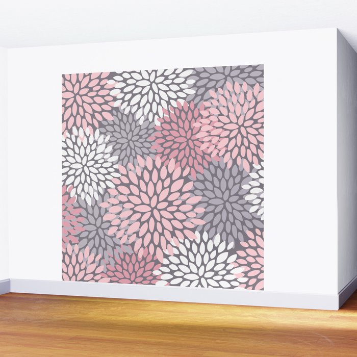 Festive, Floral Prints, Pink, White on Gray Wall Mural Gallery Image 2