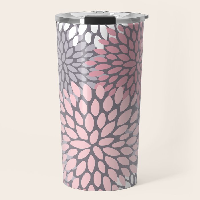 Festive, Floral Prints, Pink, White on Gray Travel Mug Gallery Image 1