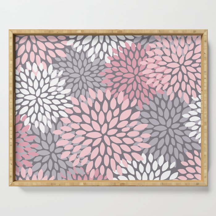 Festive, Floral Prints, Pink, White on Gray Serving Tray Gallery Image 1