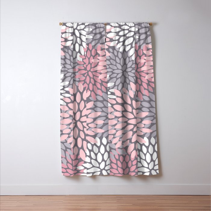 Festive, Floral Prints, Pink, White on Gray Window Curtain Gallery Image 3