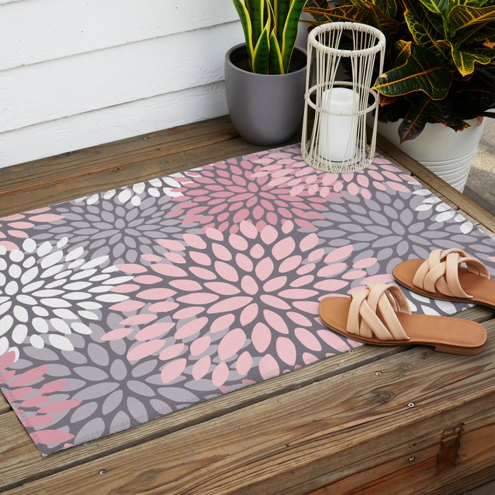 Festive, Floral Prints, Pink, White on Gray Outdoor Rug Gallery Image 2