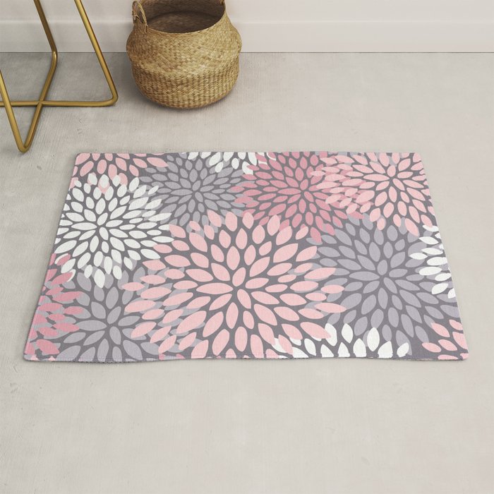 Festive, Floral Prints, Pink, White on Gray Rug Gallery Image 1