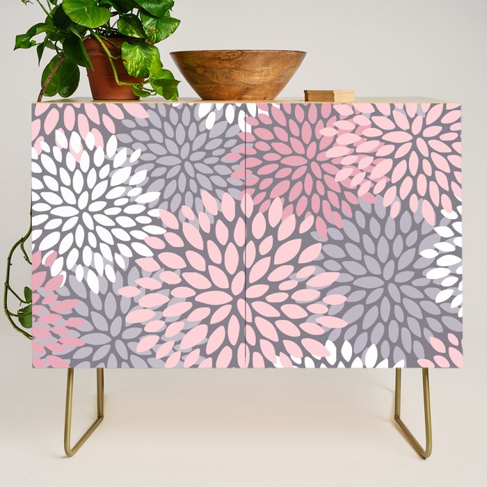Festive, Floral Prints, Pink, White on Gray Credenza Gallery Image 1