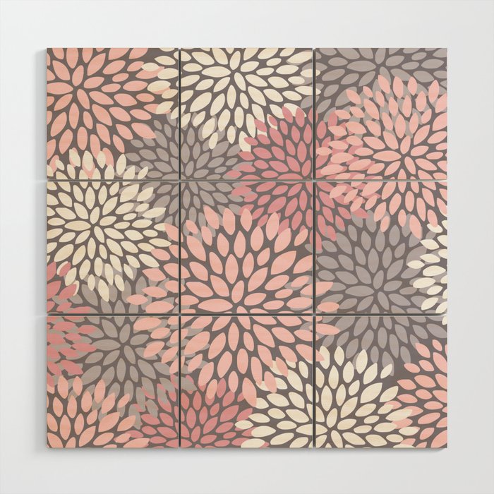 Festive, Floral Prints, Pink, White on Gray Wood Wall Art Gallery Image 1