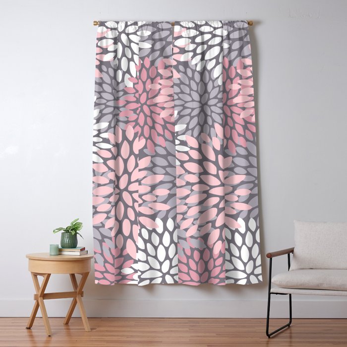 Festive, Floral Prints, Pink, White on Gray Window Curtain Gallery Image 5