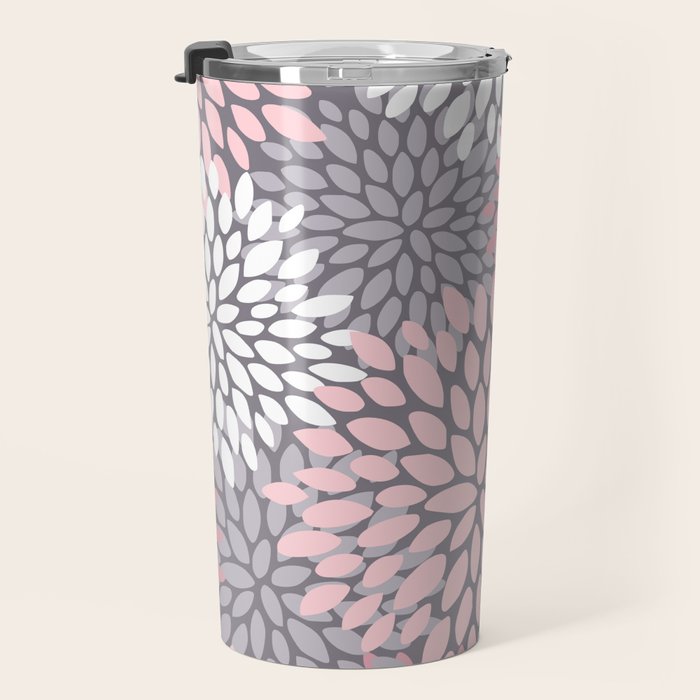 Festive, Floral Prints, Pink, White on Gray Travel Mug Gallery Image 3