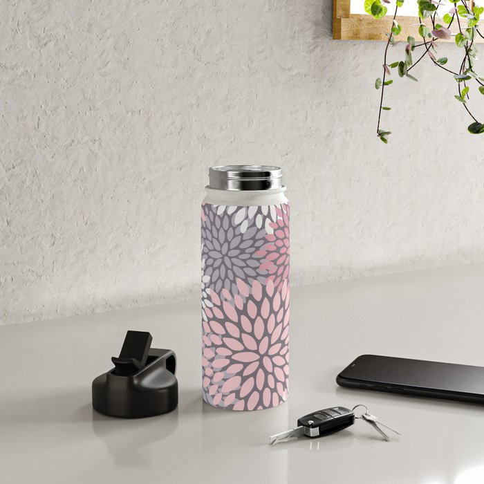 Festive, Floral Prints, Pink, White on Gray Water Bottle Gallery Image 4