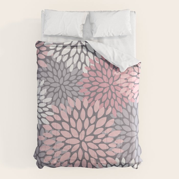 Festive, Floral Prints, Pink, White on Gray Comforter Gallery Image 1
