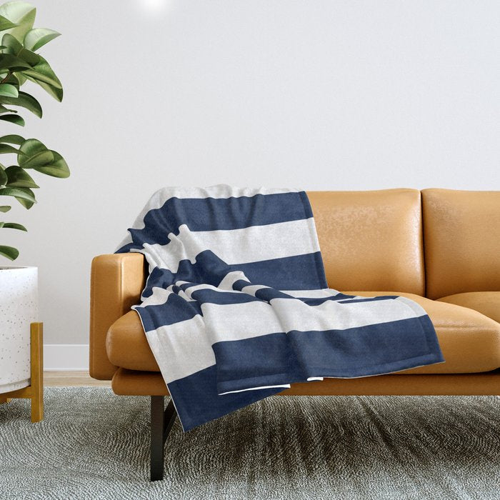 Marinière Nautical Navy Blue and White Mariniere Stripes  Throw Blanket Gallery Image 1