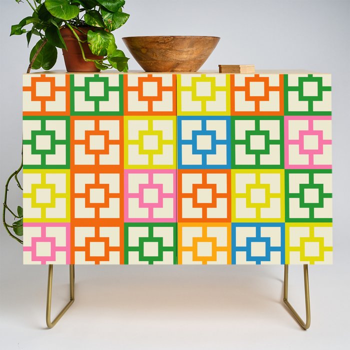 Mid Century Modern Colorful Geometric Breeze Block Pattern Credenza Gallery Image 1