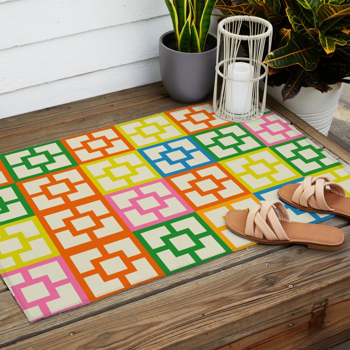 Mid Century Modern Colorful Geometric Breeze Block Pattern Outdoor Rug Gallery Image 2